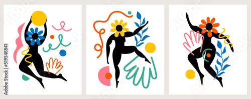Vector illustration set with dancing women silhouettes with flowers, abstract doodle elements. Trendy apparel print design, home decoration poster