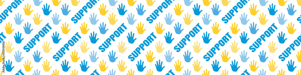 Obraz premium support to Ukraine. help to Ukraine. humanitarian aid to Ukraine. Ukrainian volunteer. seamless pattern hands of Ukrainian citizens. Ukrainian refugees. horizontal web banner for social networks. 