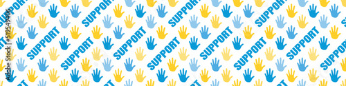 support to Ukraine. help to Ukraine. humanitarian aid to Ukraine. Ukrainian volunteer. seamless pattern hands of Ukrainian citizens. Ukrainian refugees. horizontal web banner for social networks. 
