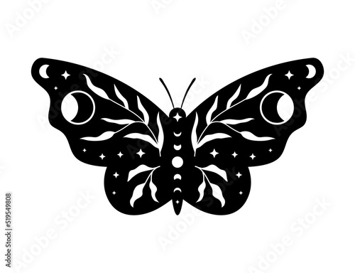 Celestial butterfly vector illustration. Mystical insect with moon phases. Boho magic linocut. Template for modern poster, card, t shirt print, trendy tattoo.