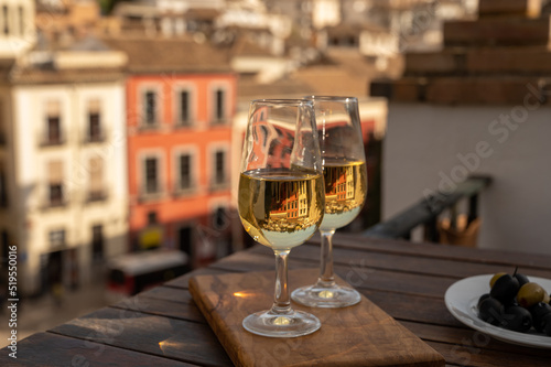 Tasting of Spanish sweet and dry fortified Vino de Jerez sherry wine with view on roofs and houses of old andalusian town