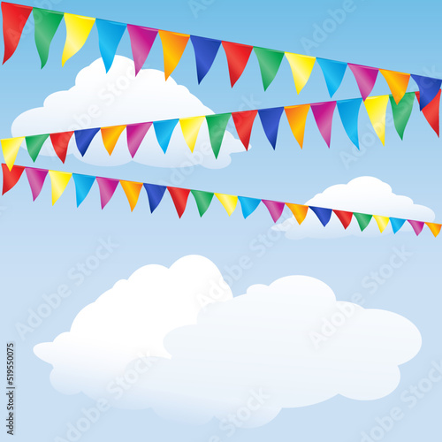 Strings of colourful bunting against a blue summer sky. Space for your text. EPS10 vector format