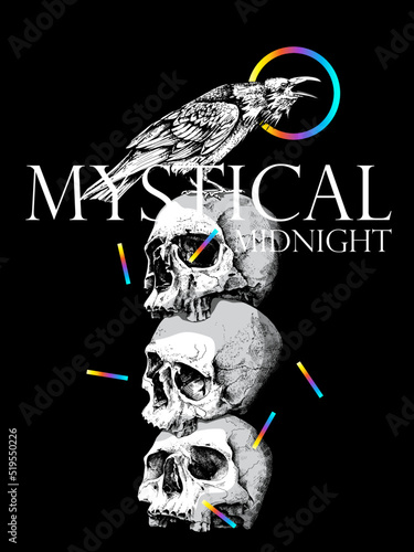 Three Skulls without lower jaw and Crow. Mystical midnight – lettering quote. Creative Mystic occulture poster, t-shirt composition, hand drawn style print. Vector illustration.