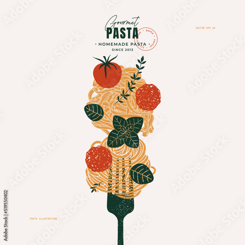 Pasta on a fork. Pasta with meatball and basil. Italian food design template. Textured vintage illustration. Vector illustration