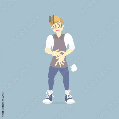 man farting, having stomach ache, , suffering from diarrhea or constipation, abdominal pain, hungry, diarrhea, poisioning, health care concept, flat character design vector illustration cartoon