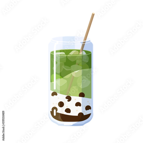 Matcha bubble tea, pearl milk tea isolated on white background. Summer cold drink vector illustration