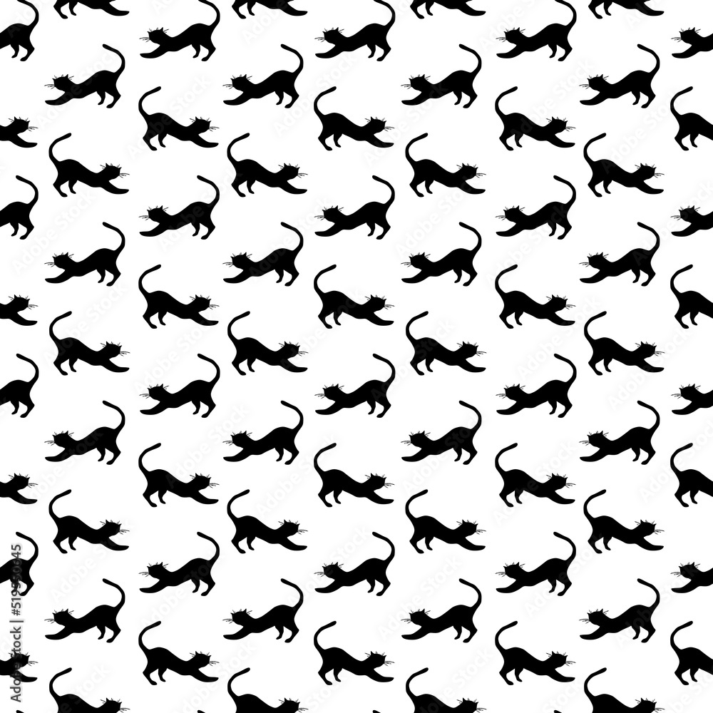 Black silhouettes of cats, hand-drawn, on a white background. Seamless pattern from a large set of PARIS. For fabric, textiles, packaging paper, wallpaper, cover, accessories, clothing, design