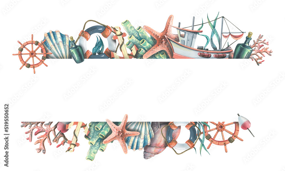 Horizontal frame with sea corals, shells, stars, boat, steering wheel, anchor and lifebuoy. Watercolor illustration. For the design of banners, posters, invitations, certificates, postcards.