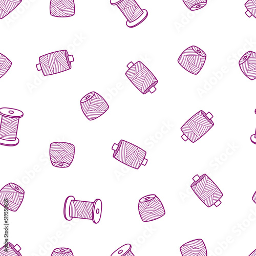 Seamless pattern of sewing threads, a skein of woolen threads for knitting needlework, threads on a spool for a seamstress.