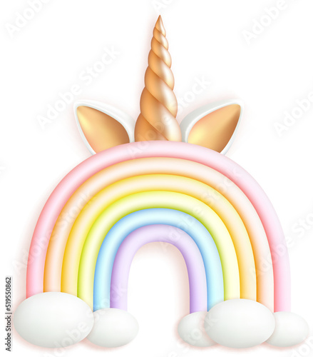 Unicorn horn and ears on fantasy cute rainbow arc with clouds. Vector cartoon illustration isolated on white background.