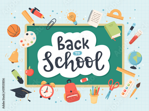 Back to school collection of supplies with handwritten calligraphy with blackboard. Cute colorful vector illustration