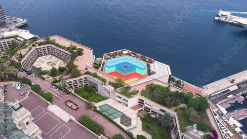 Monte Carlo, Monaco, Aerial View of Luxury Waterfront Buildings on Mediterranean Sea, Drone Shot photo