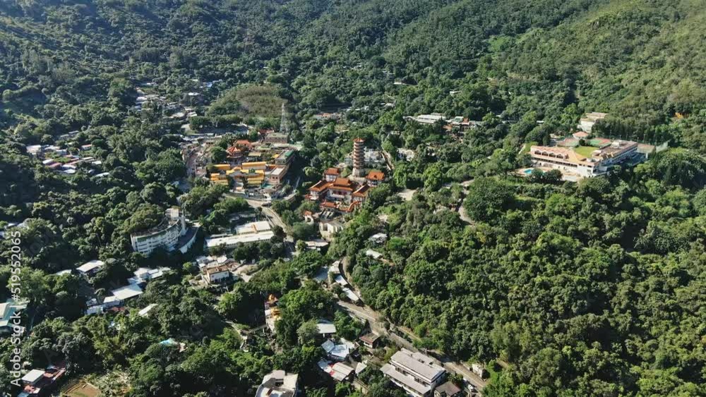 Western Monastery Temple on lush mountainside, Tsuen Wan, Hong Kong; aerial Western Monastery Temple on lush mountainside, Tsuen Wan, Hong Kong; aerial