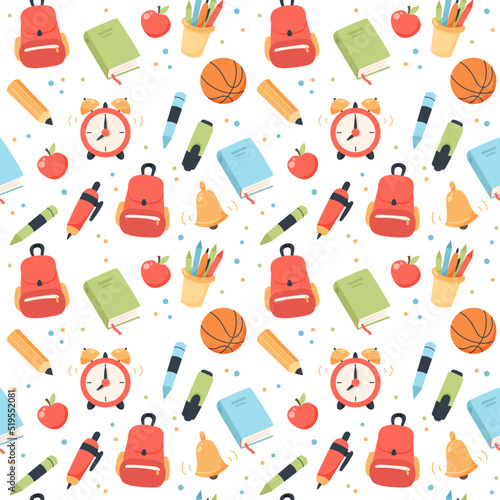 School seamless pattern. Supplies and equipment for learning. Cute vector illustration in flat cartoon style
