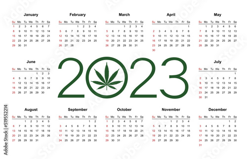 Marijuana calendar for 2023. Medical Cannabis. Simple Vector Template. Isolated vector illustration on white background.
