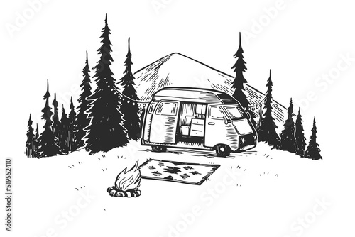 Vector hand draw illustration of landscape with mountains, forest, minivan and bonfire. Sketch of scenery of wild nature with camp. Camping life.