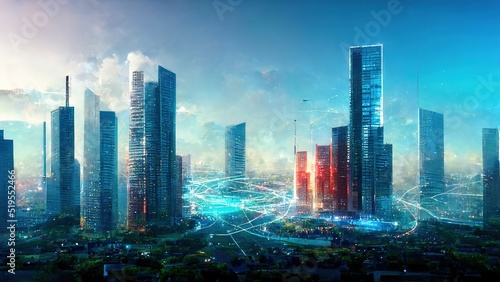 Illustration of a smart city at night, application development concept, smart city, Internet of things, smart life, information technology, gradient grid line, metaverse connection technology concept