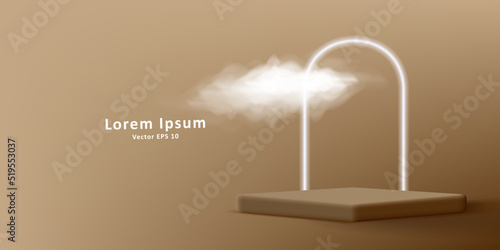 3d pedestal cube with neon light arch and realistic cloud illustration. Vector illustration