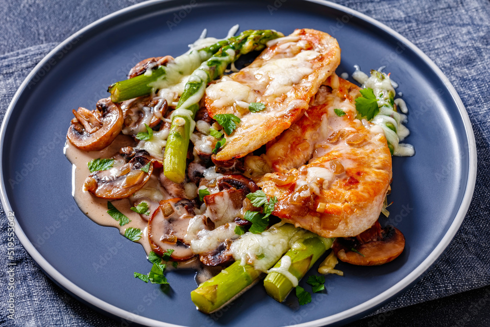 Chicken Madeira served on plate, top view Chicken Madeira served on plate, top view