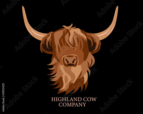 Portrait of Highland cattle, cow. Cute head of Scottish cattle isolated on brown background. Design element for logo, poster, card, banner, emblem, t shirt. Vector illustration.