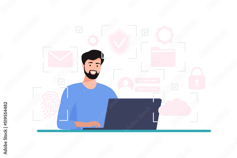 Cyber safety cyber security and privacy concept. Cyber defender works on a laptop. Vector illustration of Security, Personal Access, User Authorization, Internet and Data Protection, Cybersecurity. Cyber safety cyber security and privacy concept. Cyber defender works on a laptop. Vector illustration of Security, Personal Access, User Authorization, Internet and Data Protection, Cybersecurity.