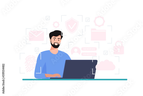 Cyber safety cyber security and privacy concept. Cyber defender works on a laptop. Vector illustration of Security, Personal Access, User Authorization, Internet and Data Protection, Cybersecurity.