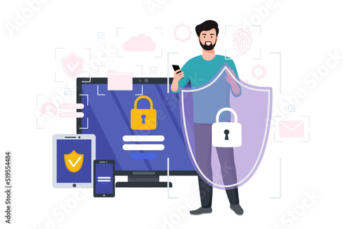 Cyber safety cyber security and privacy concept. Man holding online protection shield as symbol of defense and secure. Person defending and protecting data. Vector illustration.