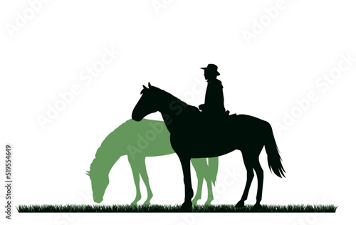 Shepherd grazes horses in pasture. Picture silhouette. Farm pets. Animals domestic traditional. Isolated on white background. Vector