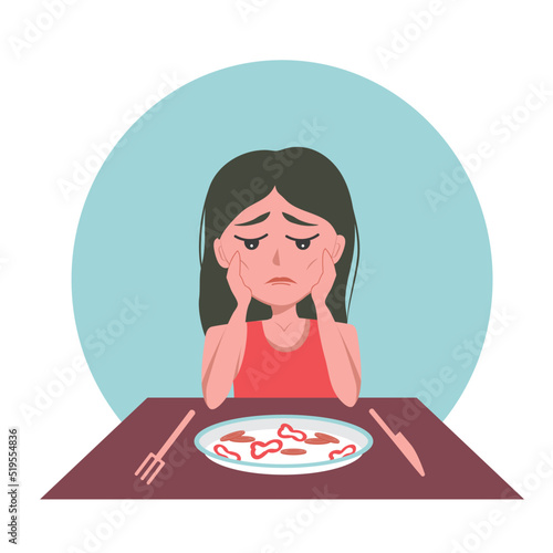 Very thin woman with mental disorder anarexia and bulimia looks at a plate of diet food and is afraid to eat, dissatisfied with her weight, wants to lose more weight