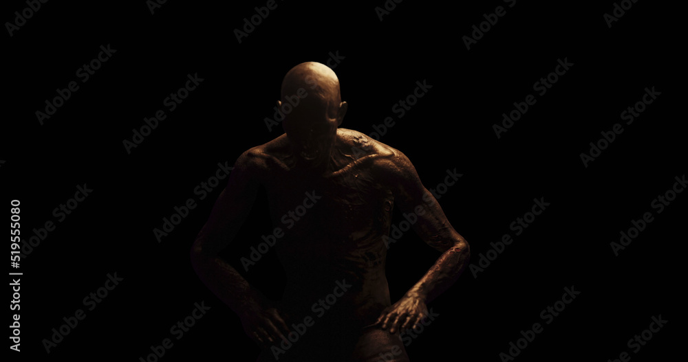 Image of distressed shirtless bald figure holding head in pain in dark room