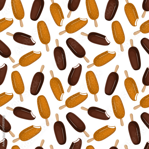 Seamless pattern with popsicle on a stick. Vector illustration of chocolate and milk ice cream sundae for fabrics, textures, wallpapers, posters, cards. Editable elements.