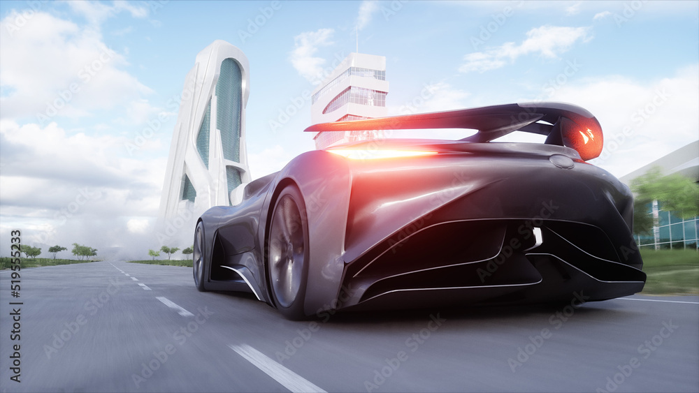 Naklejka premium Futuristic sport car very fast driving on highway. Futuristic city concept. 3d rendering.