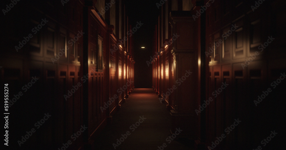 Image of old wood panelled corridor in scary dark interior