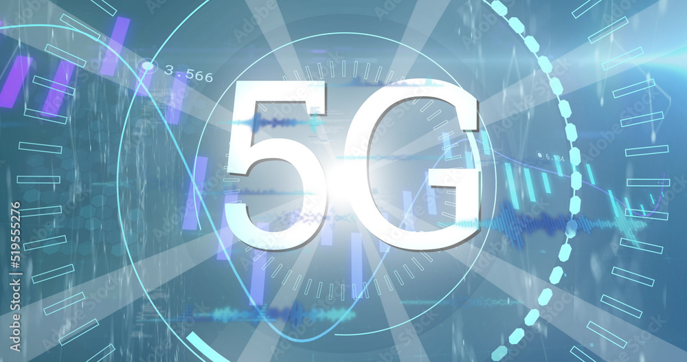 Fototapeta premium Image of graphs, data and 5g on blue background