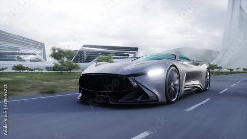 Futuristic sport car very fast driving on highway. Futuristic city concept. 3d rendering.