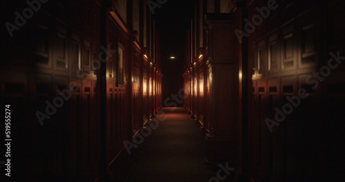 Image of old wood panelled corridor in scary dark interior