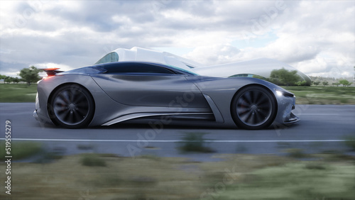 Futuristic sport car very fast driving on highway. Futuristic city concept. 3d rendering.