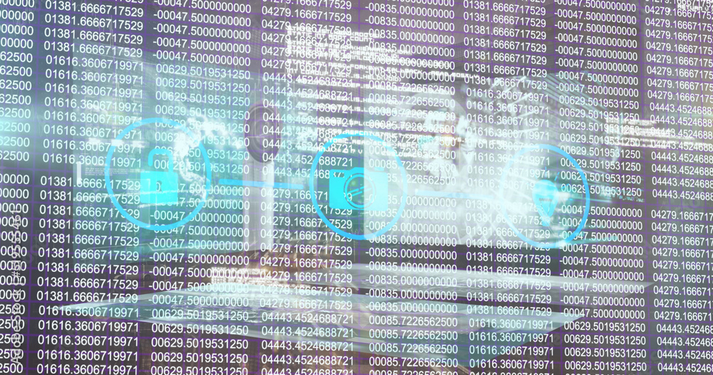 Image of tech icons over security camera and numbers Image of tech icons over security camera and numbers