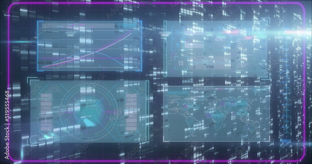 Fototapeta premium Image of data processing and moving columns over fireworks