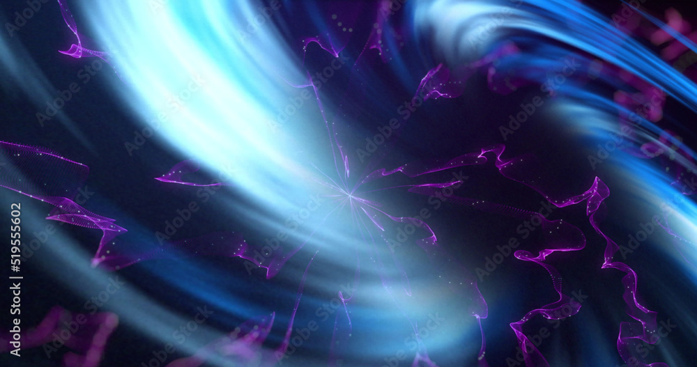 Image of blue lights spirals over glowing purple smoke on black background