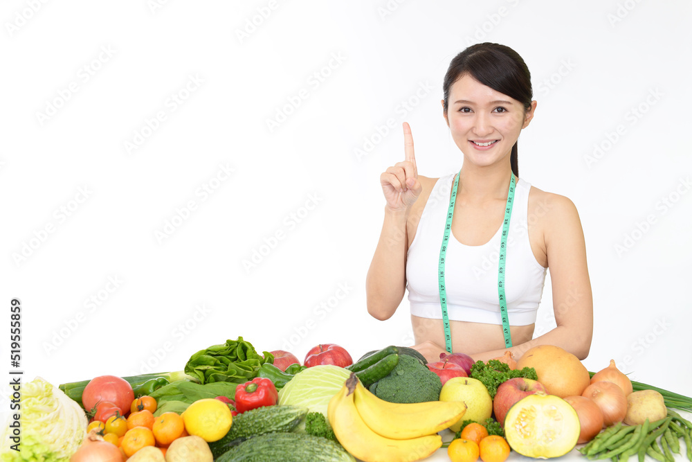 野菜と果物と女性 ダイエットイメージ 野菜と果物と女性 ダイエットイメージ