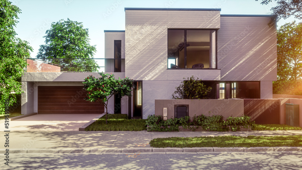 Modernes Einfamilienhaus/Villa mit Garage - obrazy, fototapety, plakaty 