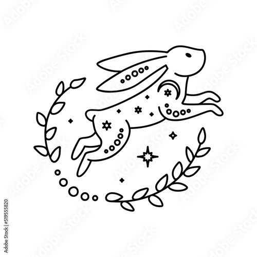Celestial animal jumping rabbit. Magic bunny with natural elements. Black outline magical bunny rabbit, mystic crescent moon esoteric symbol, constellation elements. Vector rabbit for decoration. Cele