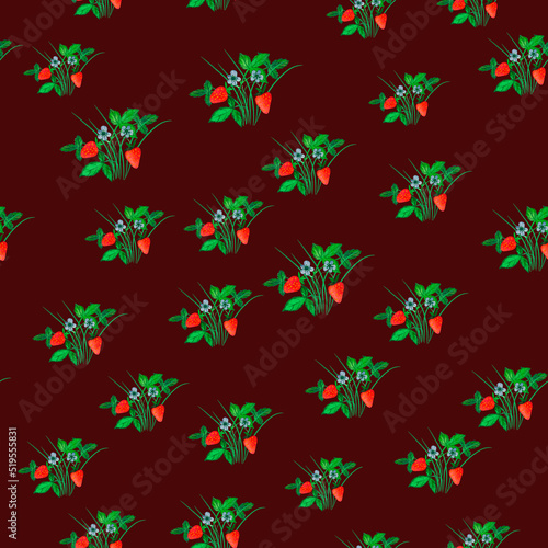 Strawberry seamless pattern. bushes with strawberries, white flowers and green leaves. watercolor.