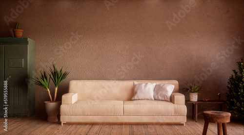 Helles Sofa vor leerer Wand im mediterranen Zimmer photo