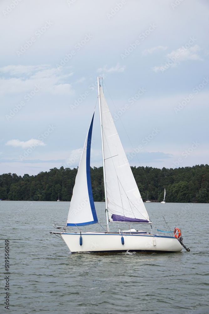 Obraz premium Sailboat swimming on a lake, shore with trees