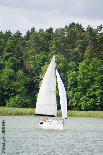 Sailboat swimming on a lake, shore with trees