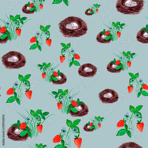seamless pattern. Nest and bushes with strawberries, white flowers and green leaves. watercolor.