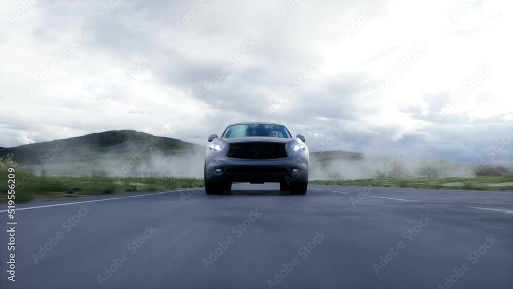 Luxury suv very fast driving on highway. Transport concept. Realistic 4k animation. Luxury suv very fast driving on highway. Transport concept. Realistic 4k animation.