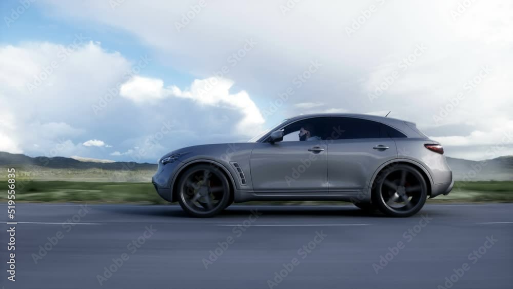 Luxury suv very fast driving on highway. Transport concept. Realistic 4k animation. Luxury suv very fast driving on highway. Transport concept. Realistic 4k animation.